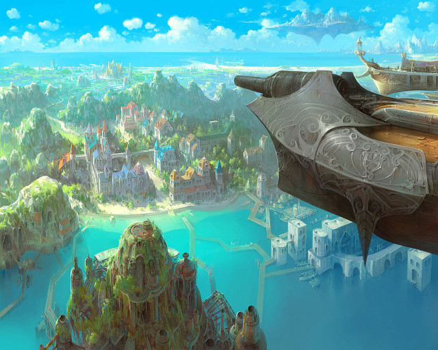 Futuristic city boat water buildings free wallpaper for desktop - medium preview image