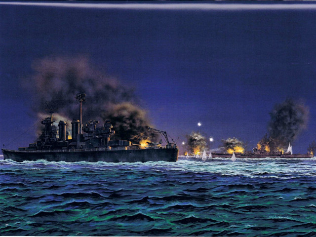 Battleship ocean smoke billowing painting free wallpaper for desktop - medium preview image