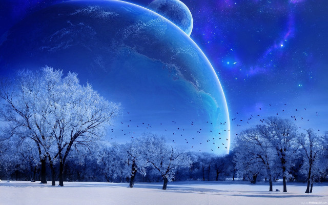 Blue planet stars birds snow #6 free wallpaper for desktop - medium preview image