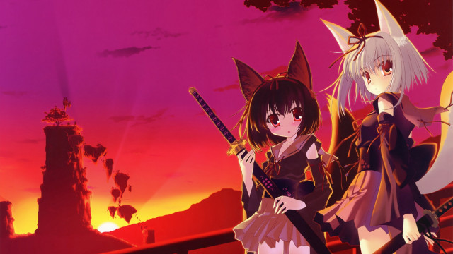 Anime girls sunset castle background free wallpaper for desktop - medium preview image