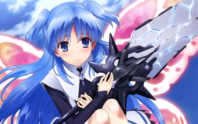 Girl blue hair scissor butterfly free wallpaper for desktop - medium preview image