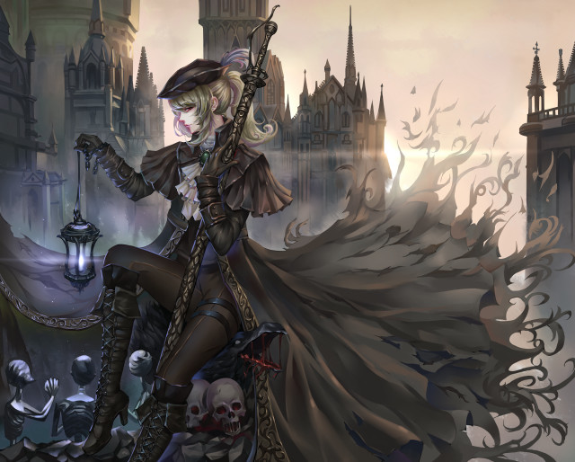 Woman costume sword skull bench free wallpaper for desktop - medium preview image