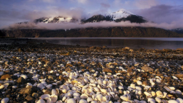 Rocky beach mountain clouds water free wallpaper for desktop - medium preview image