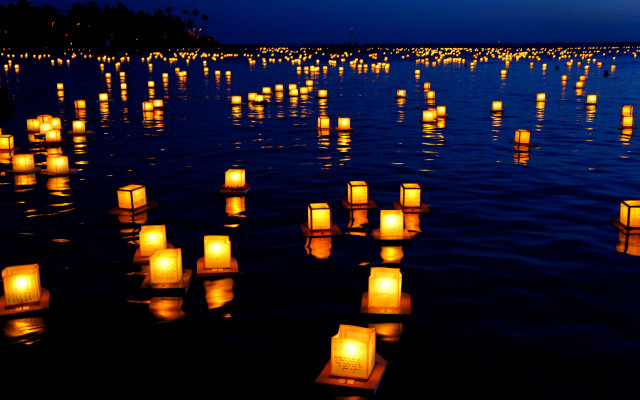 Floating lanterns night water sky free wallpaper for desktop - medium preview image