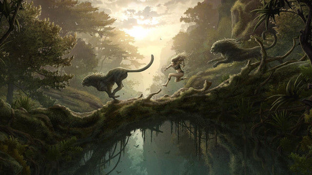 Jungle girl dinosaur tree branch free wallpaper for desktop - medium preview image