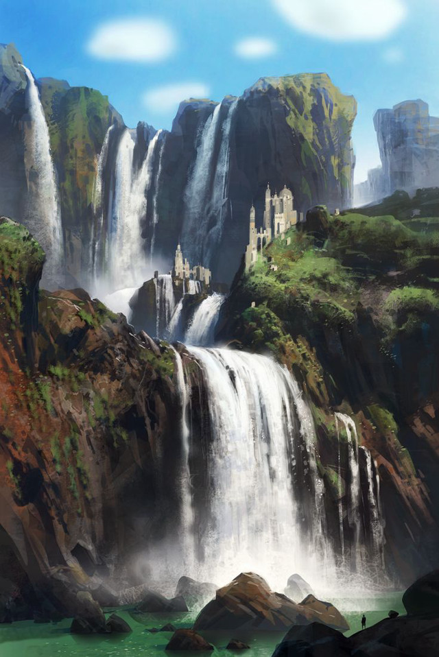 Waterfall castle man standing side free wallpaper for mobile - medium preview image