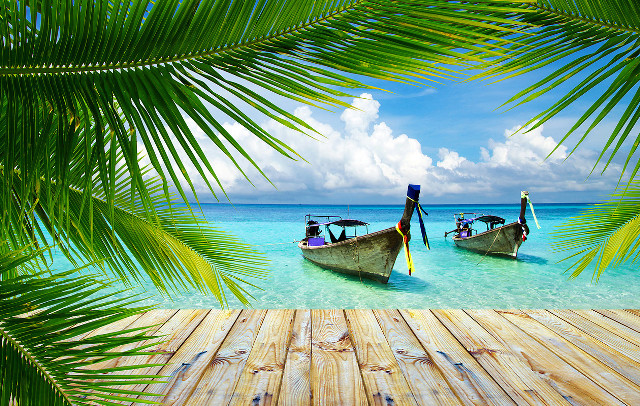 Tropical beach docked boats palm free wallpaper for desktop - medium preview image