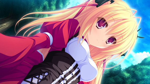 Blonde girl red shirt blue free wallpaper for desktop - medium preview image