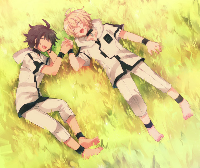 Anime characters laying grass together free wallpaper for desktop - medium preview image