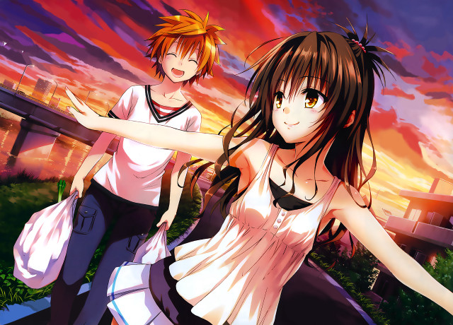 Anime girls sunset arms outstretched free wallpaper for desktop - medium preview image