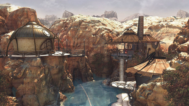 Futuristic mountain landscape river tower free wallpaper for desktop - medium preview image