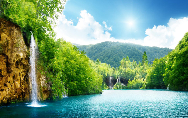Waterfall lake trees mountains blue free wallpaper for desktop - medium preview image