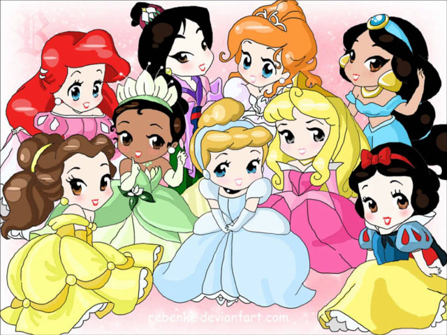 Princesses group smiling together row free wallpaper for desktop - medium preview image