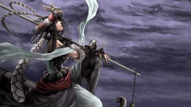 Woman sword horse cloudy sky free wallpaper for desktop - medium preview image