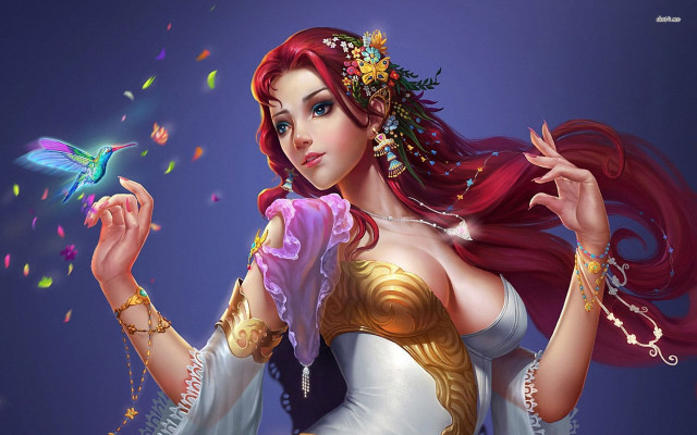 Woman bird white dress purple free wallpaper for desktop - medium preview image