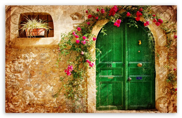 Green door flowered vine window free wallpaper for desktop - medium preview image