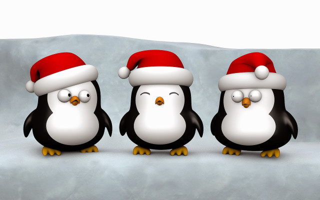 Three penguins santa hats snowy free wallpaper for desktop - medium preview image