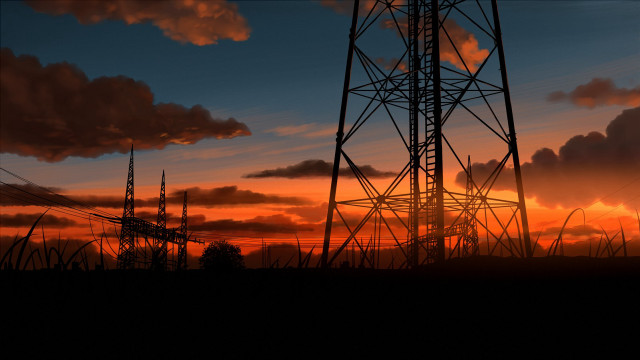 Sunset tower powerlines clouds sky free wallpaper for desktop - medium preview image