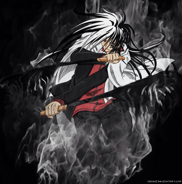 Man long hair sword smoke free wallpaper for tablet - medium preview image