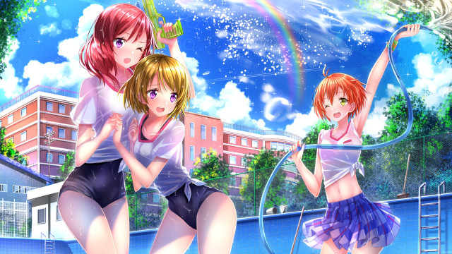 Three girls tennis court rainbow free wallpaper for desktop - medium preview image