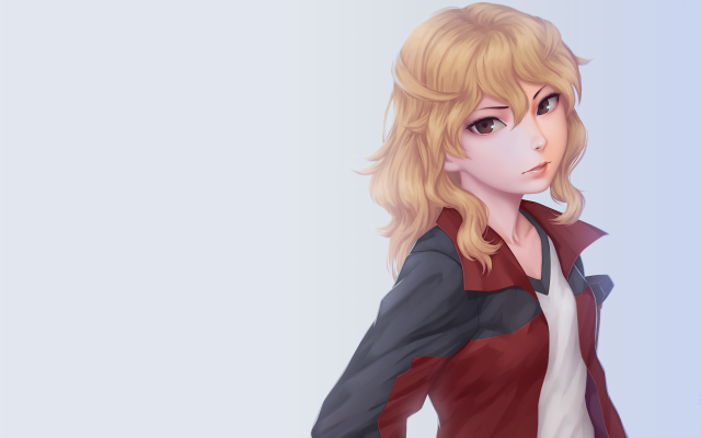 Blonde woman red jacket portrait free wallpaper for desktop - medium preview image