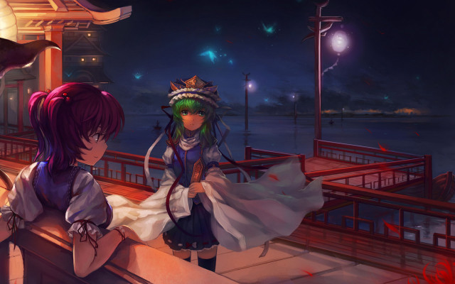 Anime girls pier night clock free wallpaper for desktop - medium preview image