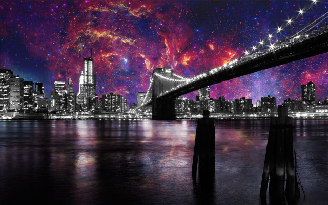 Bridge water city stars night free wallpaper for desktop - medium preview image