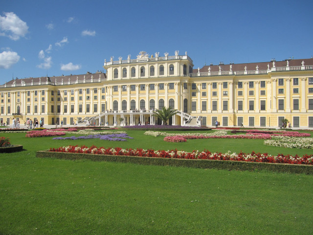 Large building lawn flowers blue free wallpaper for desktop - medium preview image