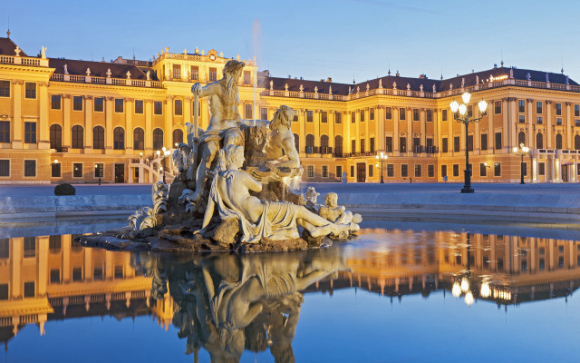 Fountain statues clocktower building foreground free wallpaper for desktop - medium preview image