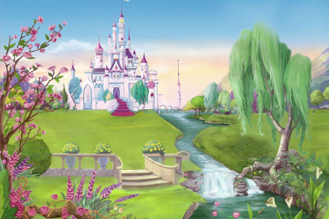 Castle stream trees flowers painting free wallpaper for desktop - medium preview image