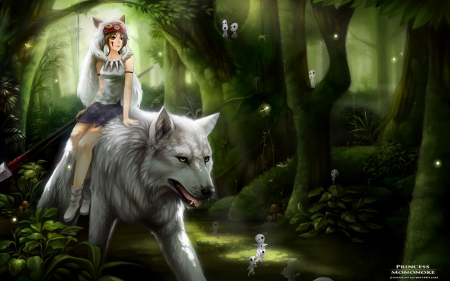 Girl riding wolf forest animals free wallpaper for desktop - medium preview image