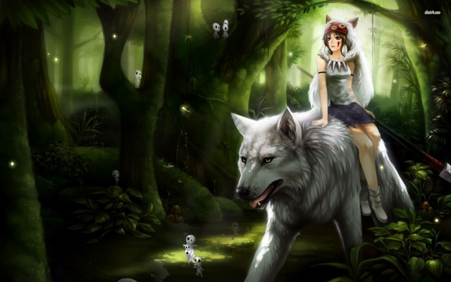 Girl riding wolf forest mushrooms free wallpaper for desktop - medium preview image
