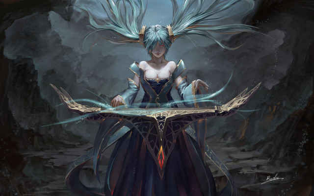 Woman blue hair wings table free wallpaper for desktop - medium preview image