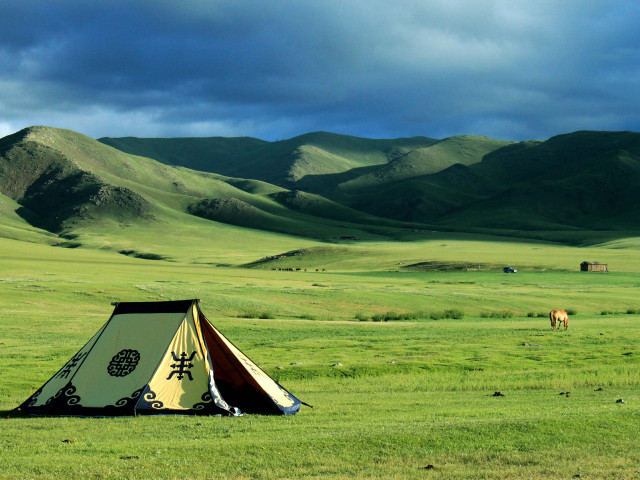 Tent field mountains horse grazing #2 free wallpaper for desktop - medium preview image