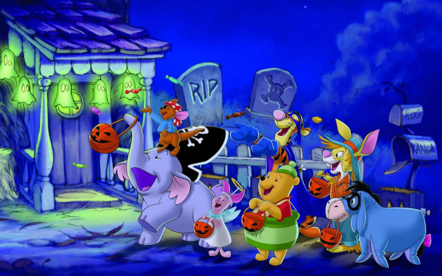 Cartoon characters halloween scene pumpkins free wallpaper for desktop - medium preview image