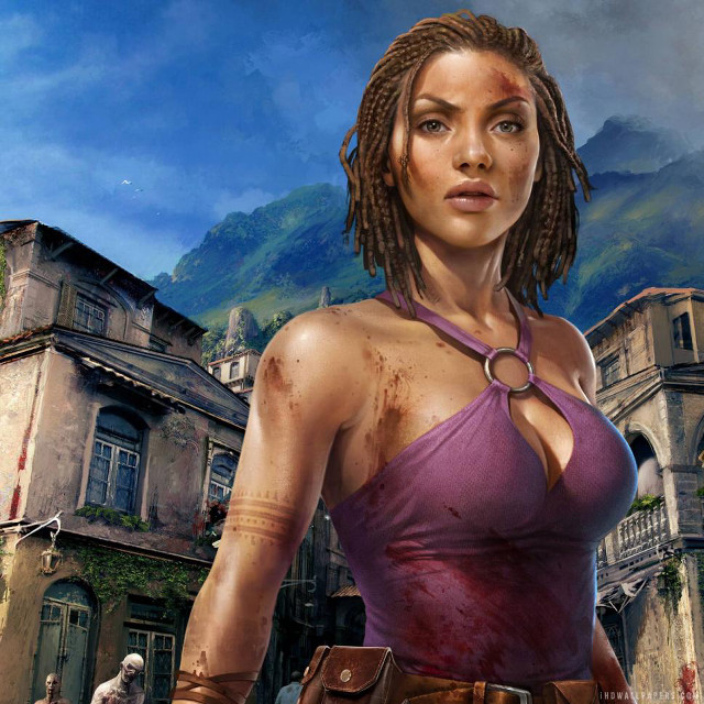 Woman purple top building gun free wallpaper for tablet - medium preview image