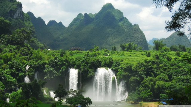 Waterfall forest boat water mountains #2 free wallpaper for desktop - medium preview image