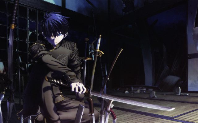 Man sitting chair two swords free wallpaper for desktop - medium preview image