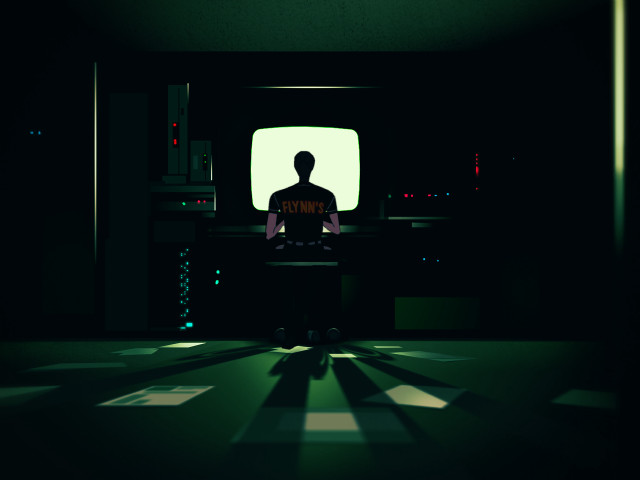 Man sitting dark room tv free wallpaper for desktop - medium preview image