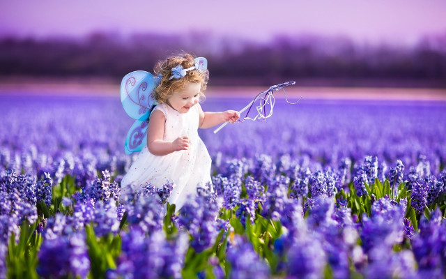 Little girl purple flowers butterfly free wallpaper for desktop - medium preview image