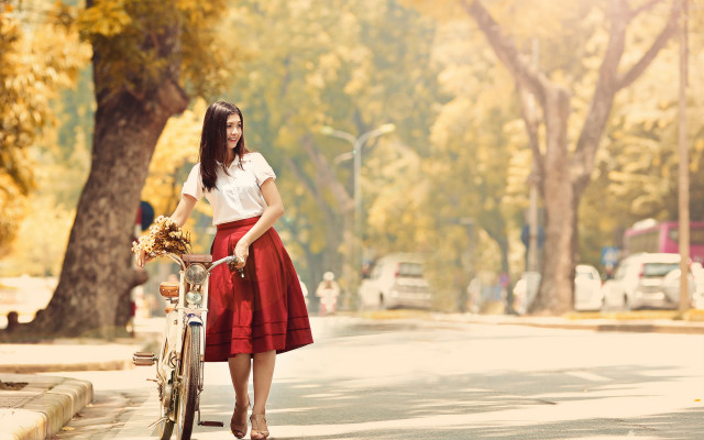 Woman red skirt bike basket free wallpaper for desktop - medium preview image