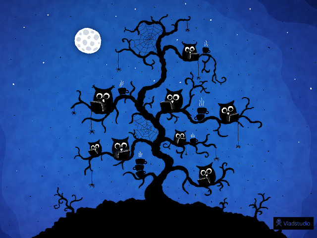 Tree owls full moon blue #2 free wallpaper for desktop - medium preview image