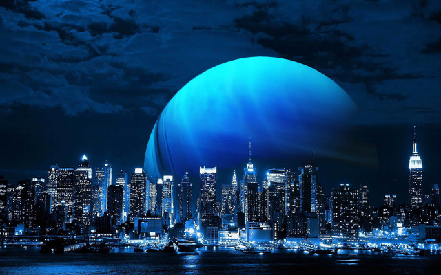 Large blue ball city night free wallpaper for desktop - medium preview image