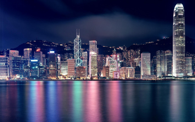 City skyline night reflections ferris free wallpaper for desktop - medium preview image