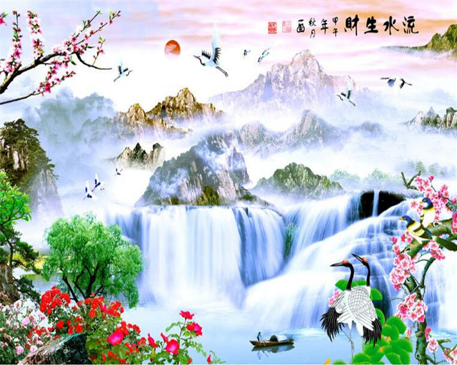 Waterfall birds flowers mountain painting free wallpaper for desktop - medium preview image