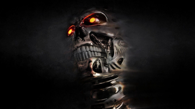 Robot glowing eyes skull face free wallpaper for desktop - medium preview image