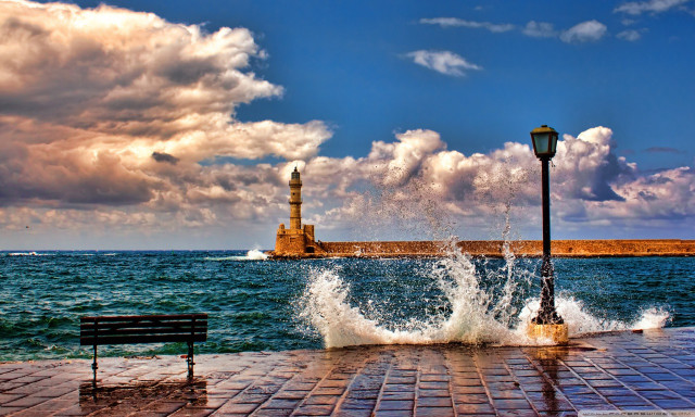 Lighthouse brickwalkway bench water sunset free wallpaper for desktop - medium preview image