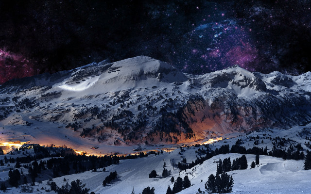 Snowy mountain city night stars #4 free wallpaper for desktop - medium preview image