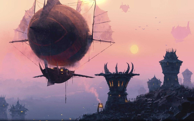Ship floating city sunset demon free wallpaper for desktop - medium preview image