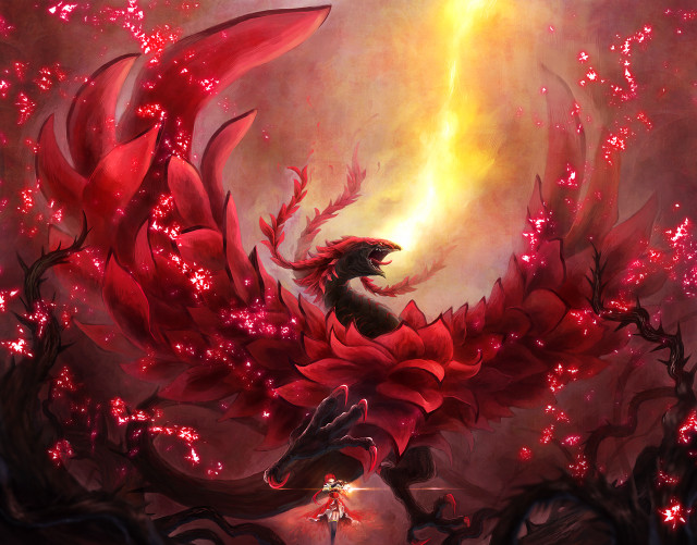 Dragon red flower back painting free wallpaper for desktop - medium preview image